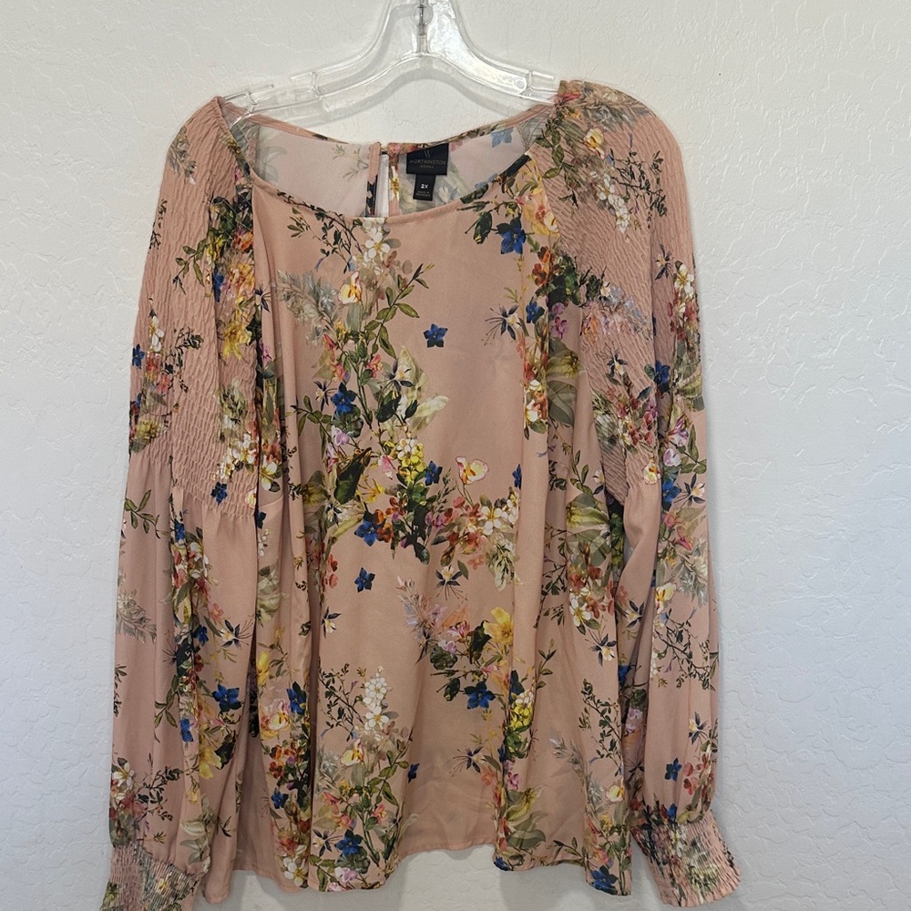 Boho cottage Floral Blouse pink Multicolor plus 2X long sleeve fairy whimsy